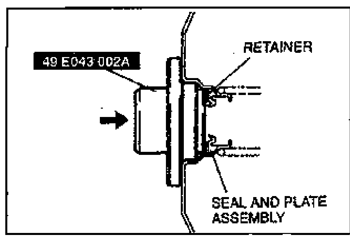 Sectioned view of the power brake unit front with the SST (49 E043 002A) installing the new RETAINER over the SEAL AND PLATE ASSEMBLY; an arrow indicates the installation direction.