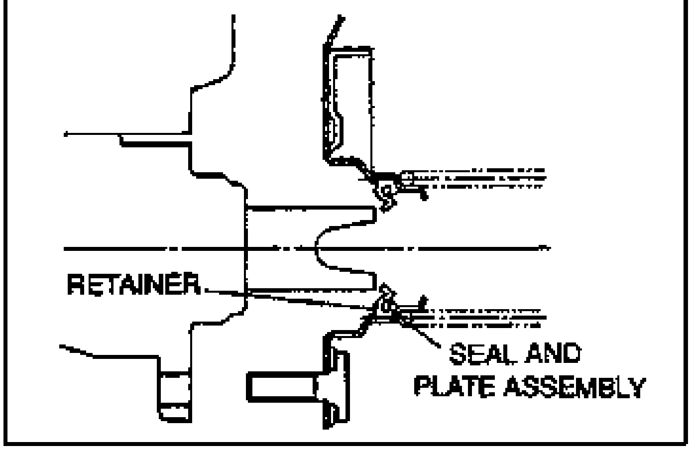 Sectioned detail of the installed RETAINER and SEAL AND PLATE ASSEMBLY seated in the front of the power brake unit.