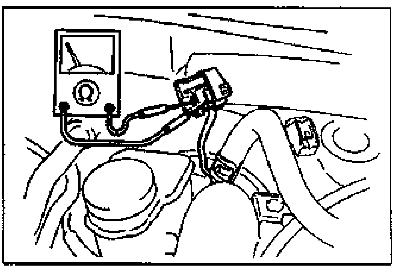 Fluid level sensor inspection diagram showing an ohmmeter connected to the fluid level sensor connector at the brake fluid reservoir.