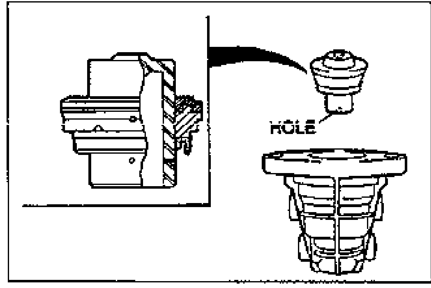 Illustration of the secondary piston assembly being installed into the cylinder body with the hole on the piston assembly facing the cylinder body. A callout labeled HOLE points to the hole on the piston.