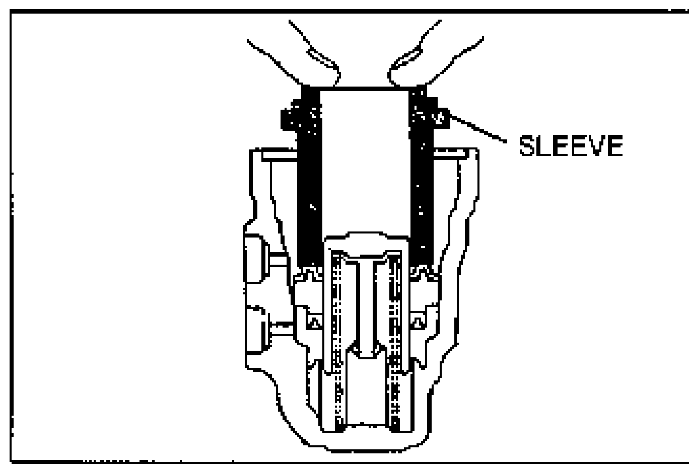 Cross-section illustration showing hands pushing the secondary piston assembly into the cylinder body using the old sleeve of the primary piston assembly. A callout labeled SLEEVE points to the sleeve.