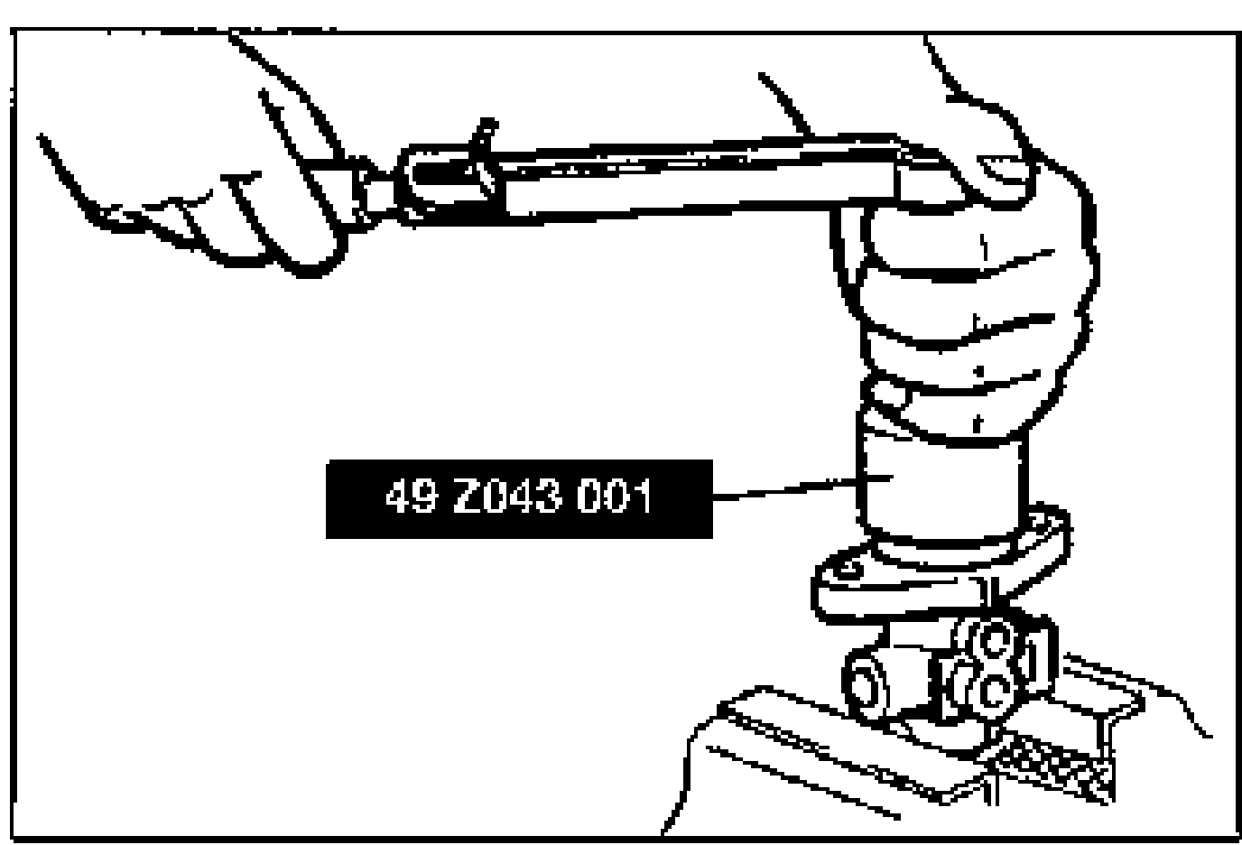 Illustration of a hand using the SST (special service tool) to tighten the cap onto the cylinder body. The tool is labeled 49 Z043 001.