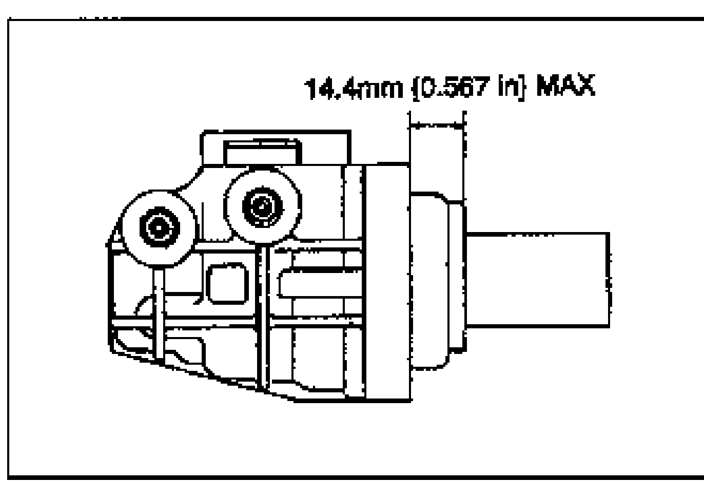 Illustration showing measurement of the clearance between the cylinder body flange and the cap of the master cylinder, with a dimension label of 14.4 mm {0.567 in} MAX at the top.