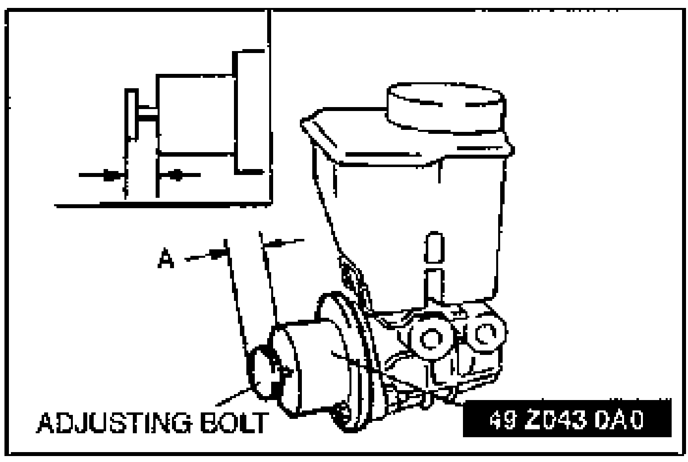 Illustration of the master cylinder mounted with the SST showing the adjusting bolt and gap A dimension. Labels include ADJUSTING BOLT, A (gap), and the tool number 49 Z043 0A0.