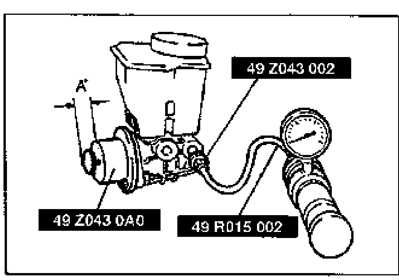 Illustration of the master cylinder set up with SSTs and a radiator cap tester (pressure gauge) connected to the front port. Gap A' is indicated. Tool labels: 49 Z043 002, 49 Z043 0A0, and 49 R015 002.