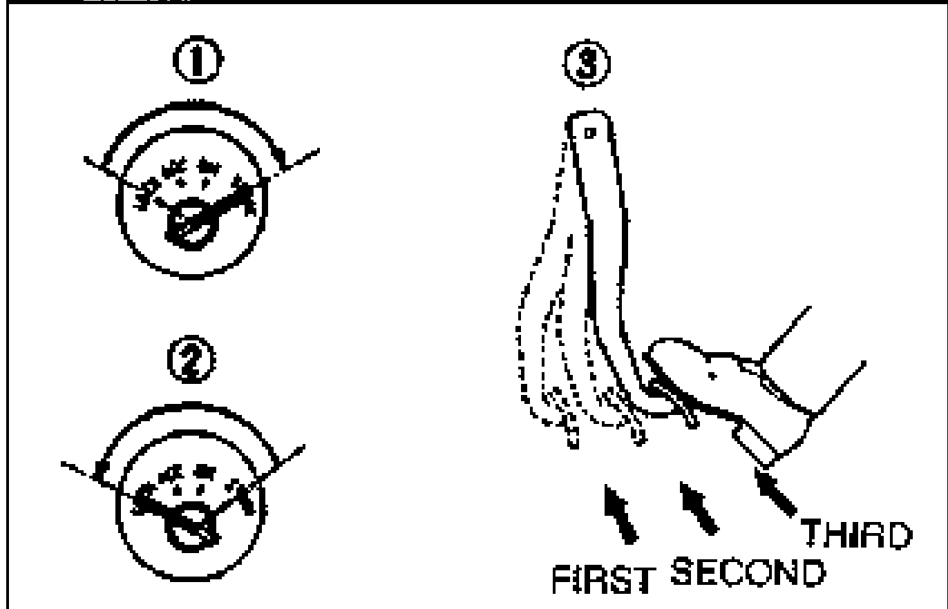 Step 2 illustration showing gauges 1, 2, 3 and a foot depressing the brake pedal in successive strokes labeled FIRST, SECOND, THIRD with downward arrows indicating decreasing stroke length.