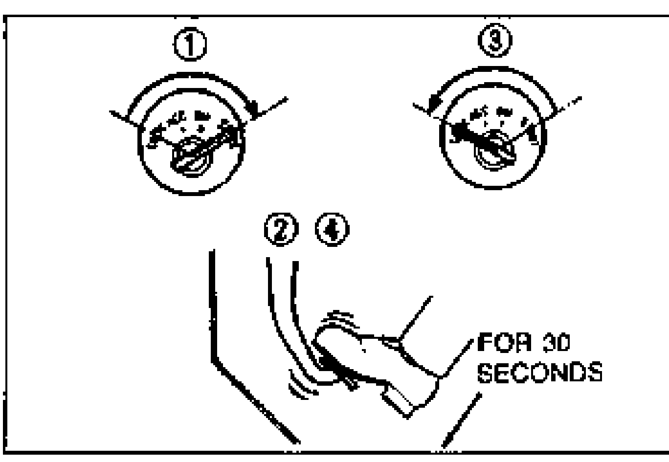 Step 3 illustration showing gauges 1, 3 and 2, 4, with a foot holding the brake pedal down labeled FOR 30 SECONDS.