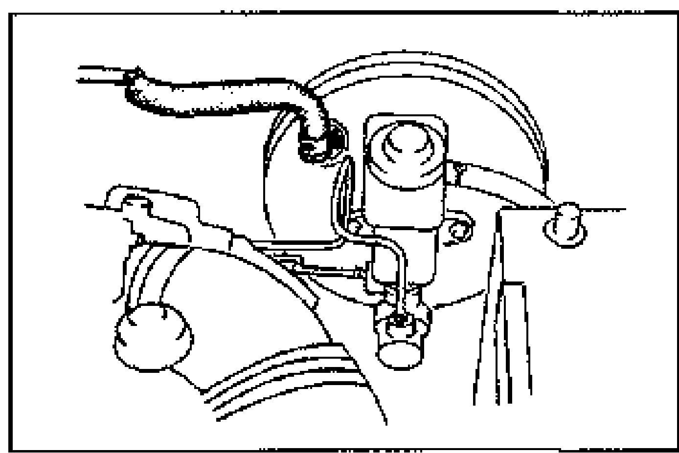 Engine compartment view showing the power brake unit, check valve, vacuum hose and clamps to be removed.