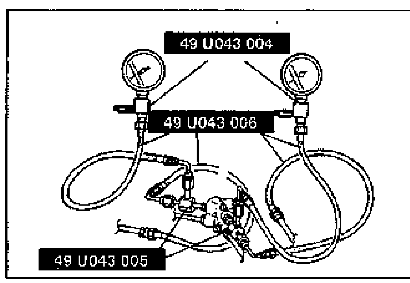 Illustration of the SST gauges connected to the brake pipes with adapters for the dual proportioning valve inspection. Tool labels: 49 U043 004, 49 U043 006, 49 U043 005.