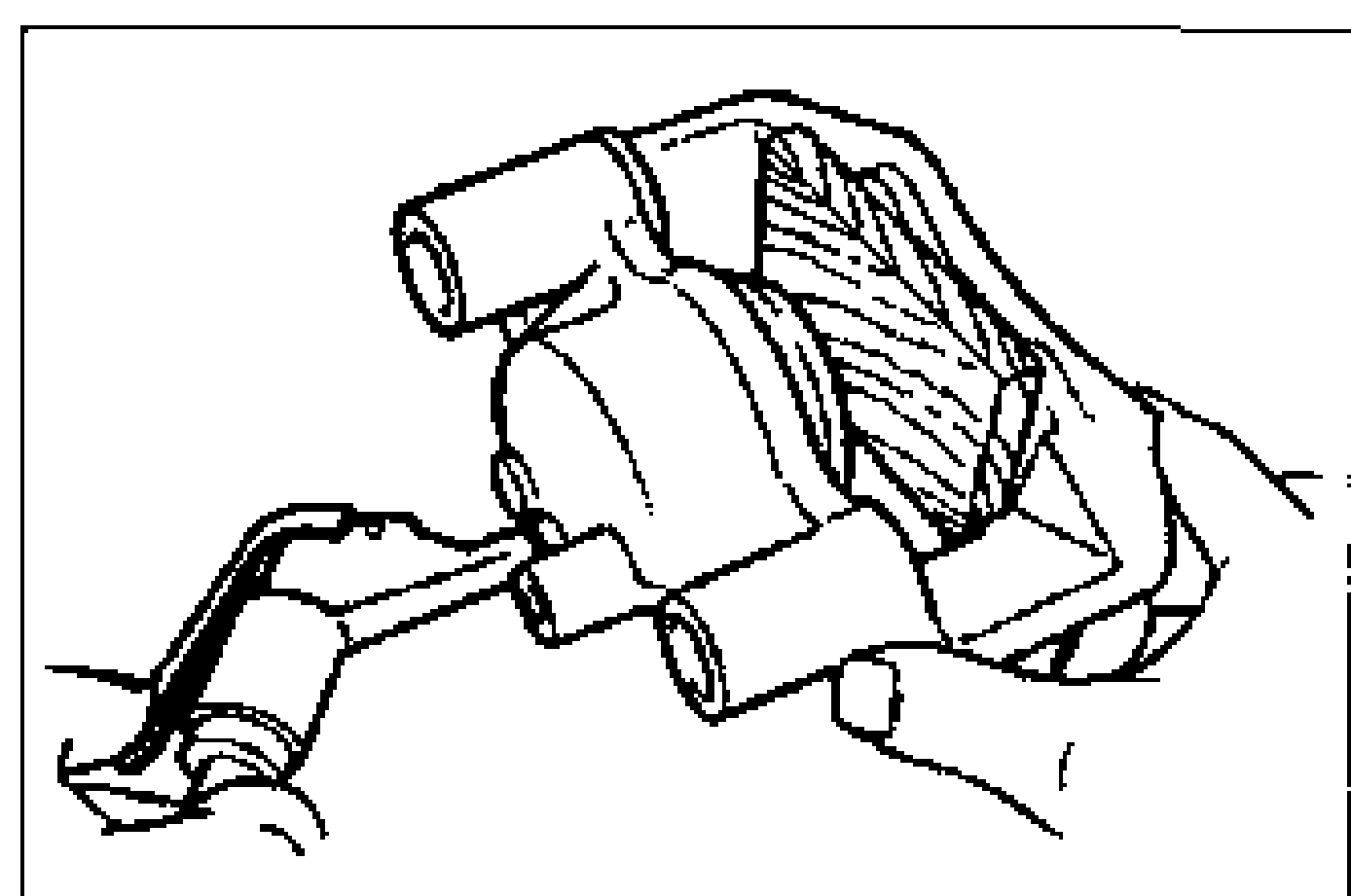 Illustration of a hand holding the brake caliper with a piece of wood placed in the caliper to catch the piston as it is forced out with compressed air.