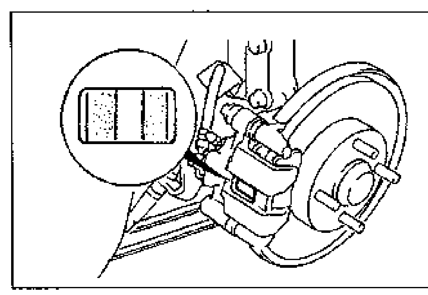 Rear disc brake assembly on the vehicle with an inset close-up (circle) showing sighting through the caliper inspection hole to check the remaining thickness of the disc pads.