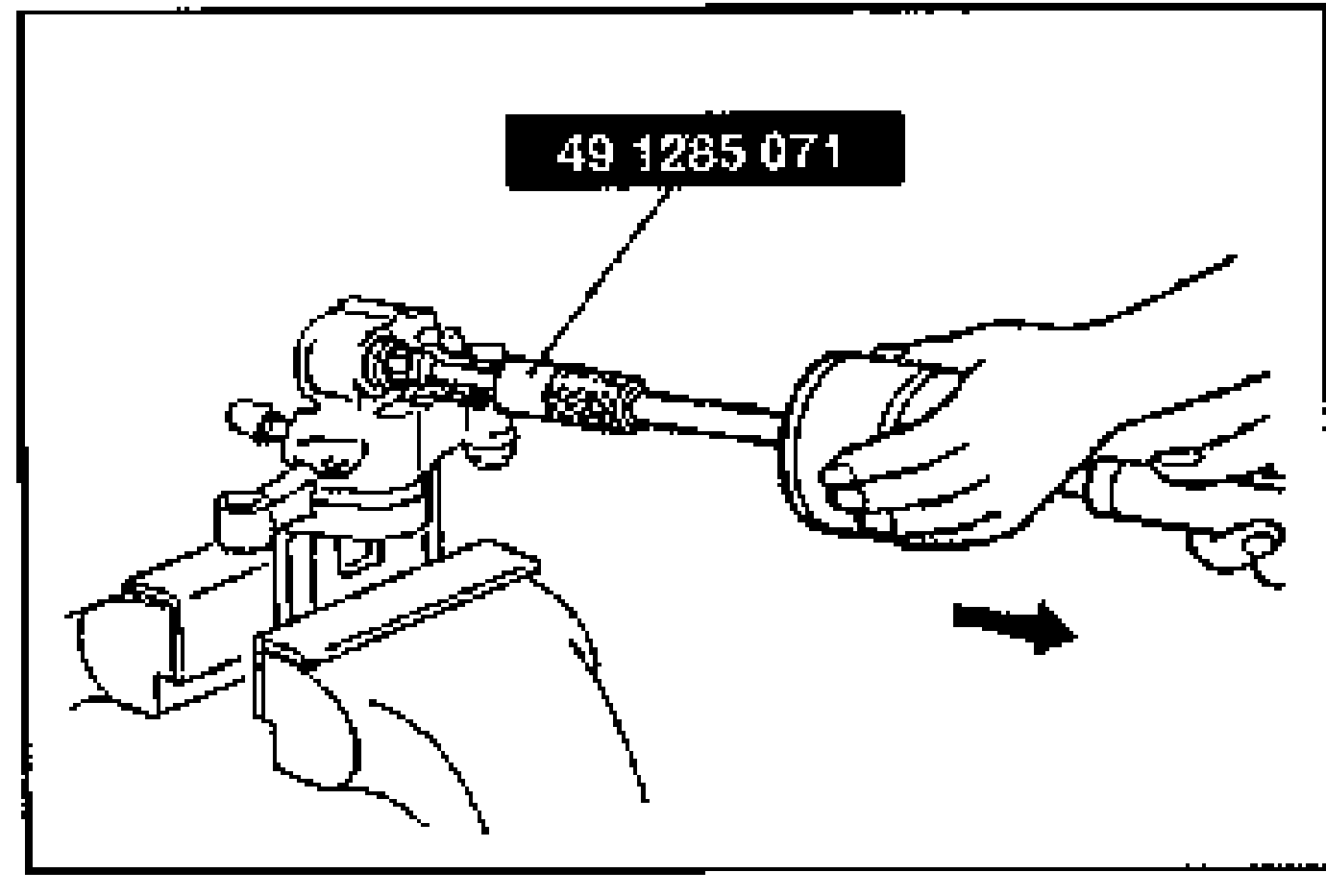 Removing the needle bearing from the caliper (secured in a vise) using SST 49 1285 071, with an arrow indicating the pull direction.