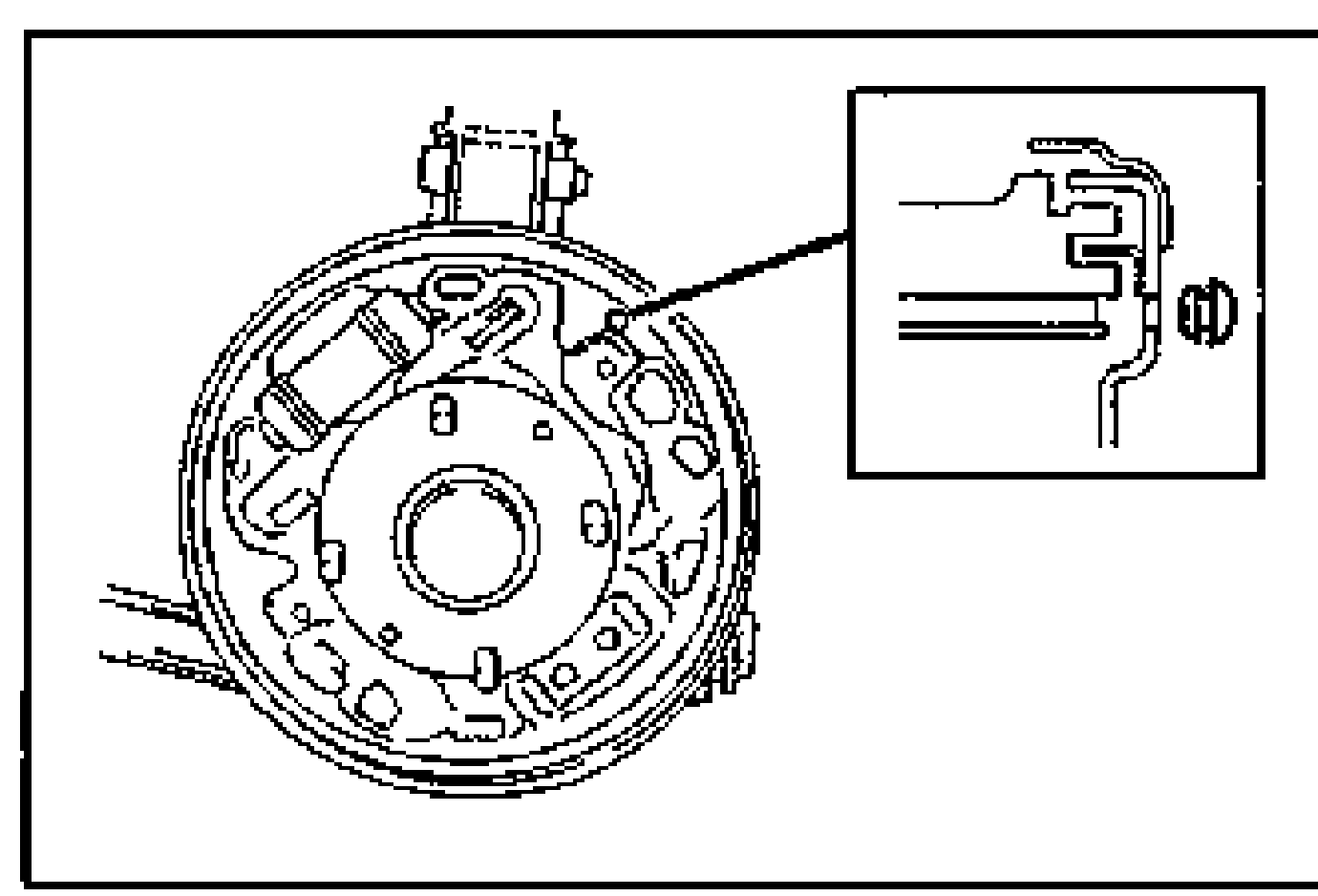 Rear drum brake backing plate viewed from the rear with an inset (right) showing the plug/inspection hole used to check brake lining thickness.