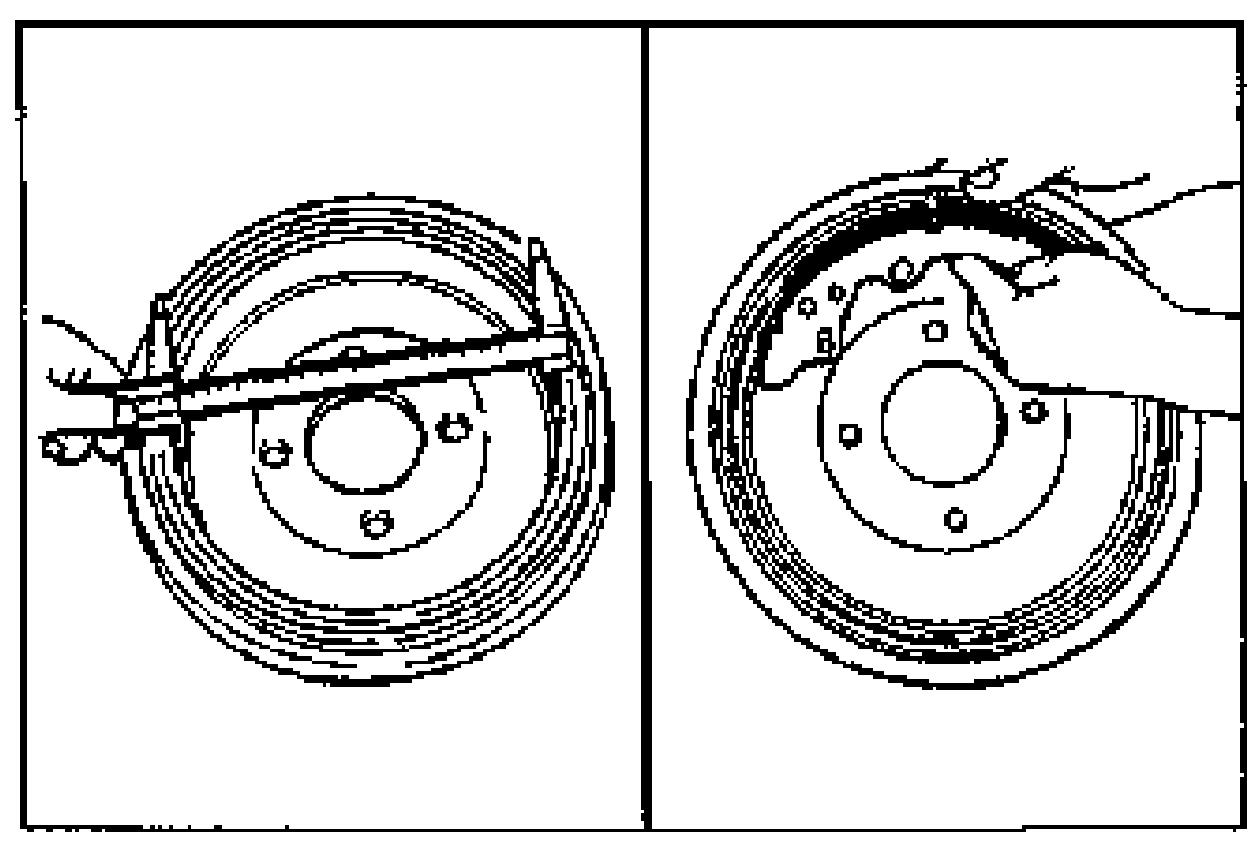 Two side-by-side line illustrations of the rear brake drum/shoe assembly. Left shows a tool measuring/inspecting; right shows a hand checking the brake shoe inside the drum.