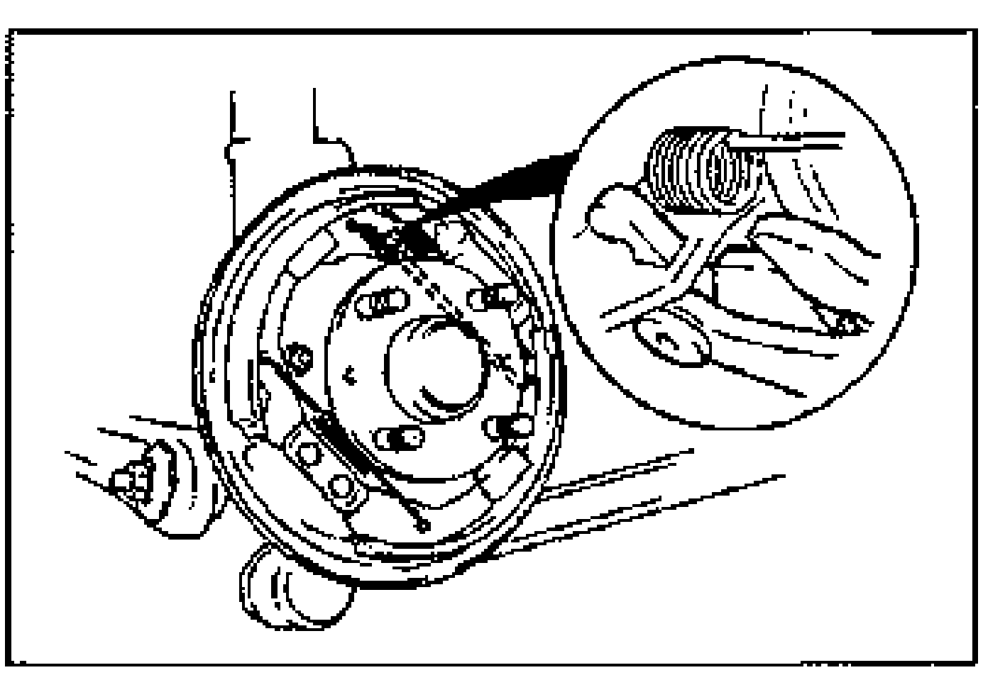 Line illustration of the brake drum installation with an inset detail (magnified view) of the automatic adjuster mechanism.