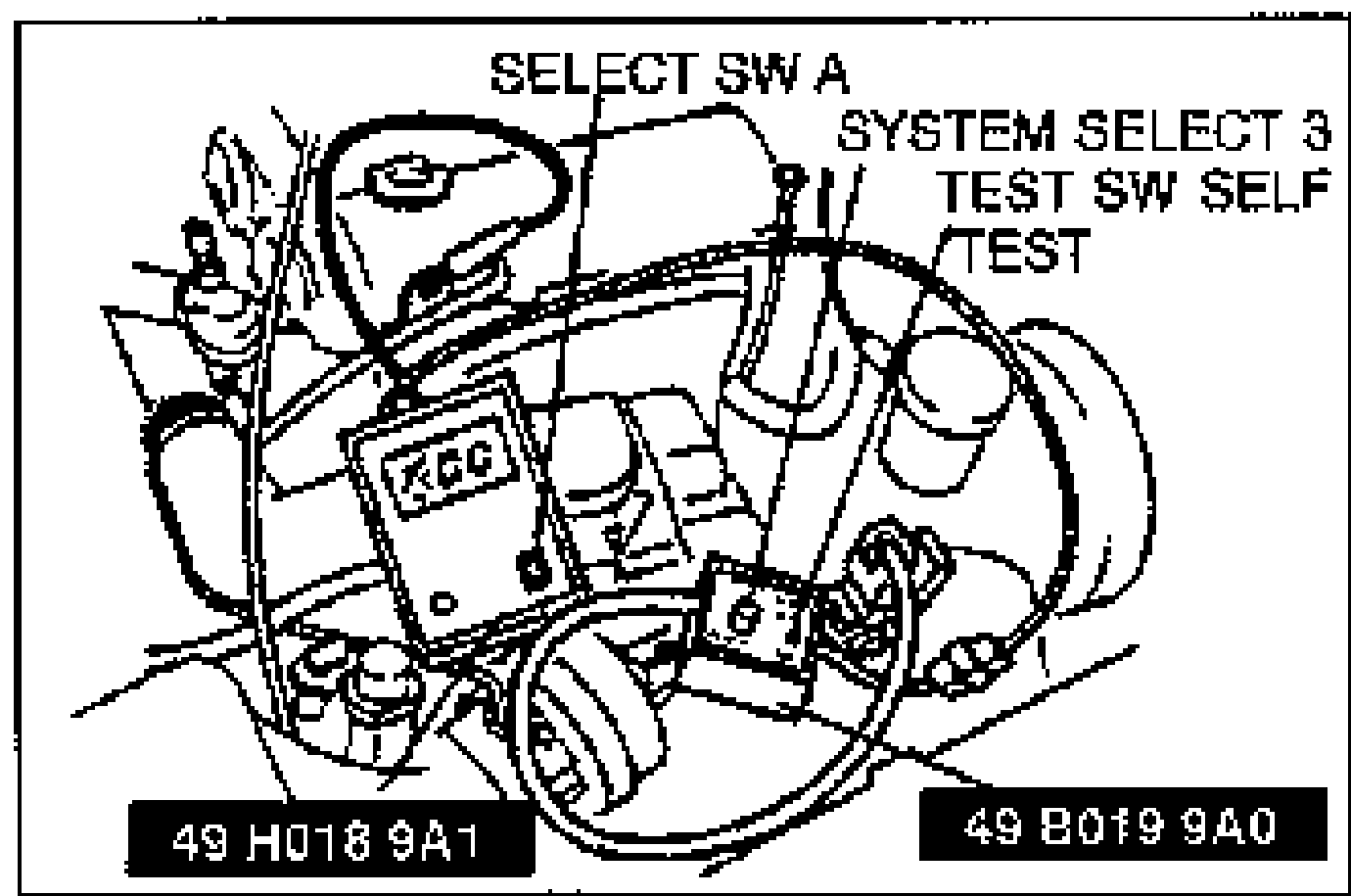 Illustration of the SSTs connected to the data link connector and ground for on-board diagnosis. Labels SELECT SW A, SYSTEM SELECT 3, TEST SW SELF TEST. Two tool number plates: 49 H018 9A1 and 49 B019 9A0.