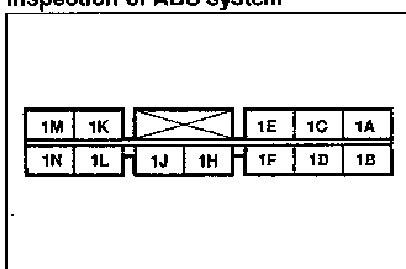 ABS control module connector terminal layout diagram (18-pin). Two rows of terminals labeled, top row: 1M, 1K, (blank/X), 1E, 1C, 1A; bottom row: 1N, 1L, 1J, 1H, 1F, 1D, 1B.
