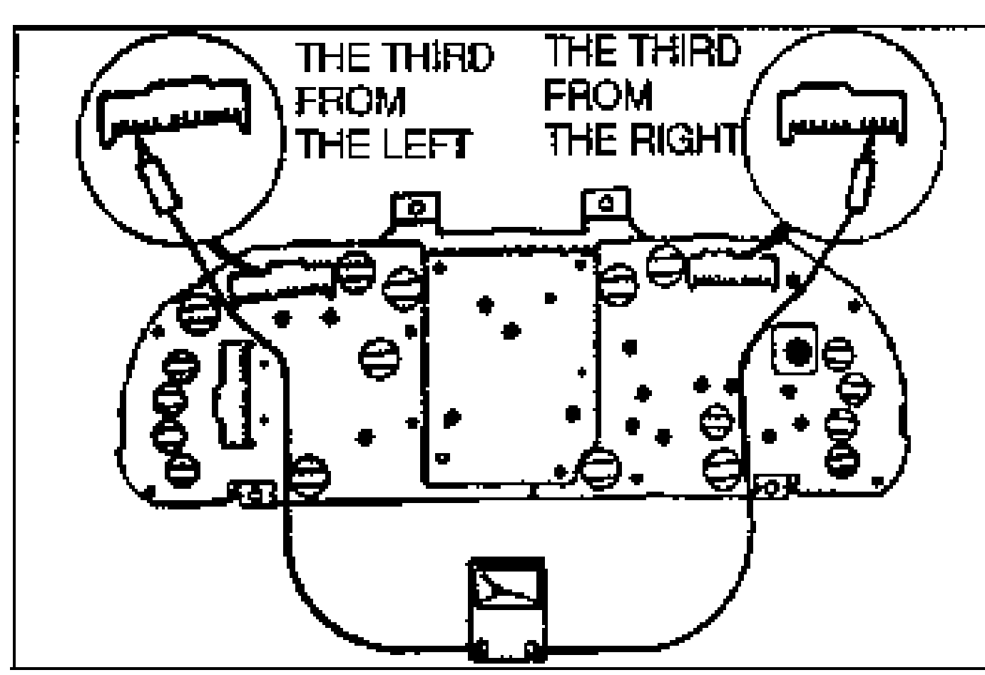 Rear view of the meter / instrument cluster showing the ABS warning light bulb locations. Callouts indicate THE THIRD FROM THE LEFT and THE THIRD FROM THE RIGHT bulb positions.