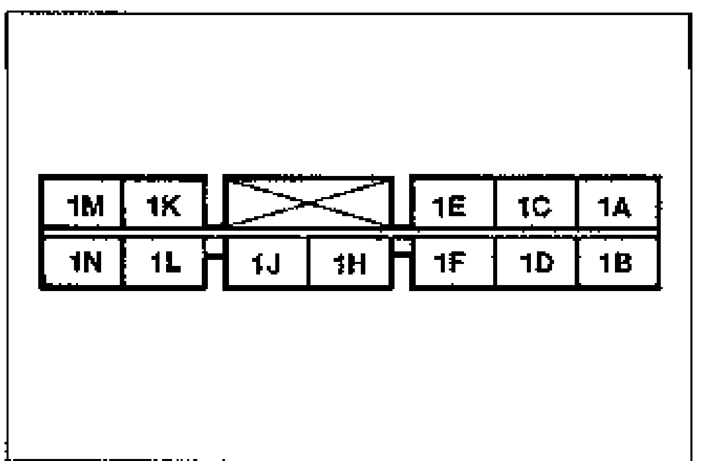 ABS control module connector terminal layout diagram (18-pin). Two rows of terminals; top row: 1M, 1K, (blank/X), 1E, 1C, 1A; bottom row: 1N, 1L, 1J, 1H, 1F, 1D, 1B. Terminal 1M is the vehicle-side harness check point.
