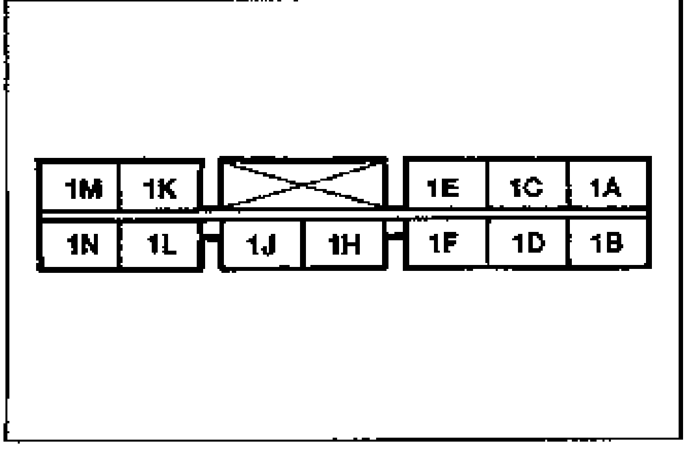 ABS control module connector terminal layout diagram (18-pin). Top row: 1M, 1K, (blank/X), 1E, 1C, 1A; bottom row: 1N, 1L, 1J, 1H, 1F, 1D, 1B. Terminal 1L is the motor harness resistance check point.