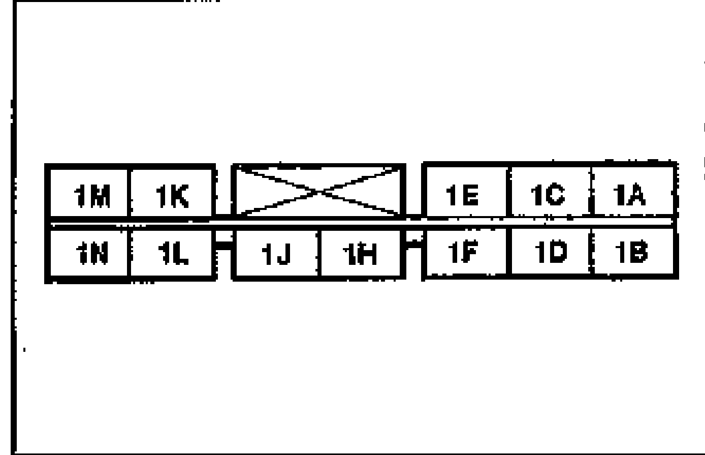 ABS control module connector terminal layout diagram (18-pin). Top row: 1M, 1K, (blank/X), 1E, 1C, 1A; bottom row: 1N, 1L, 1J, 1H, 1F, 1D, 1B. Terminals 1A, 1B, 1C, 1D are the solenoid valve resistance check points.