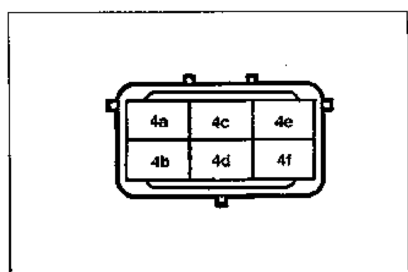 ABS hydraulic unit 6-pin connector face view showing terminal layout. Top row: 4a, 4c, 4e; bottom row: 4b, 4d, 4f.