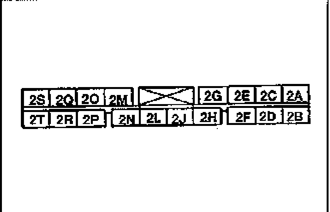 ABS control module 18-pin connector terminal layout. Top row: 2S 2Q 2O 2M (X) 2G 2E 2C 2A; bottom row: 2T 2R 2P 2N 2L 2J 2H 2F 2D 2B.