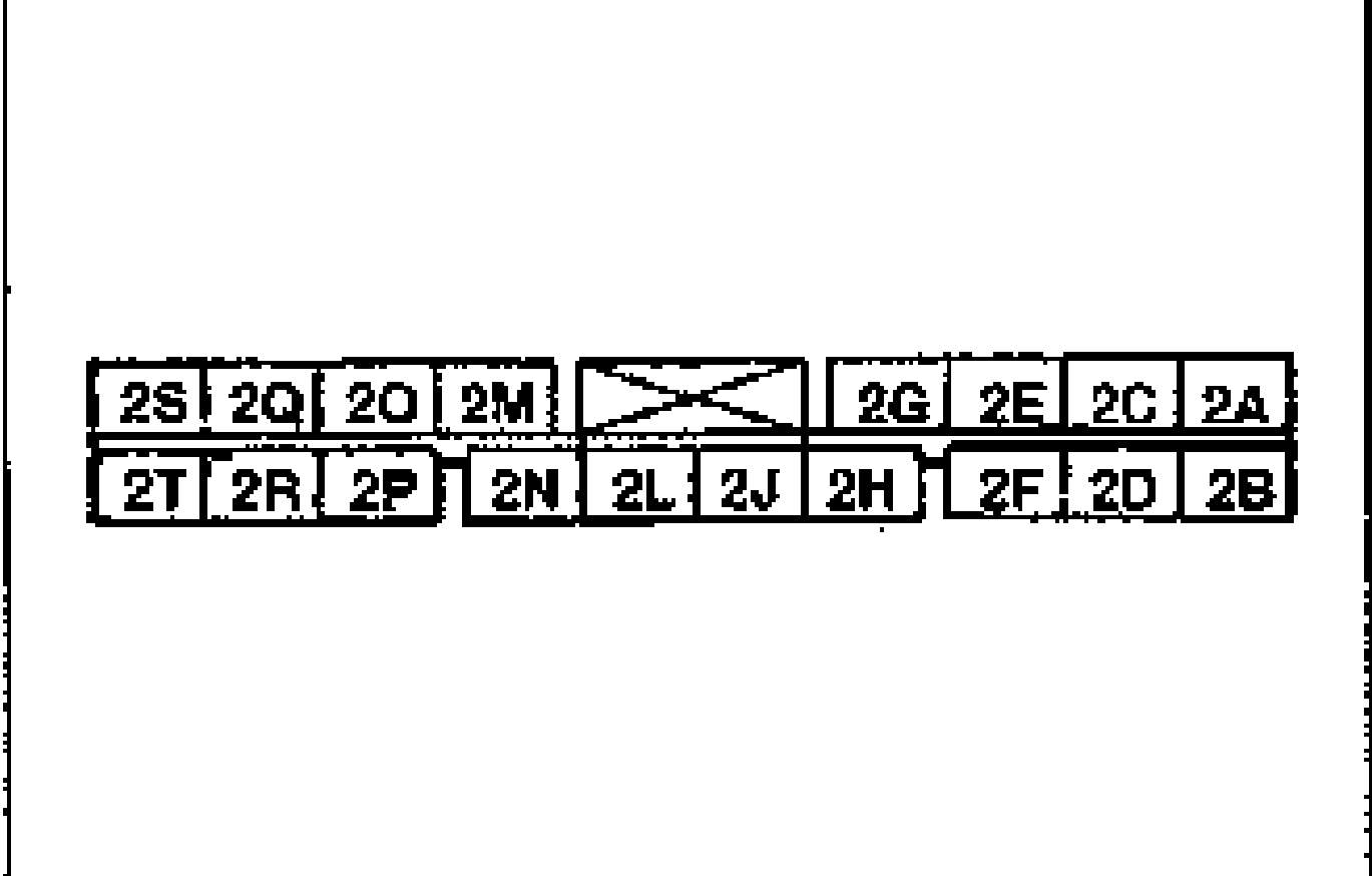 ABS control module 18-pin connector terminal layout. Top row: 2S 2Q 2O 2M (X) 2G 2E 2C 2A; bottom row: 2T 2R 2P 2N 2L 2J 2H 2F 2D 2B.
