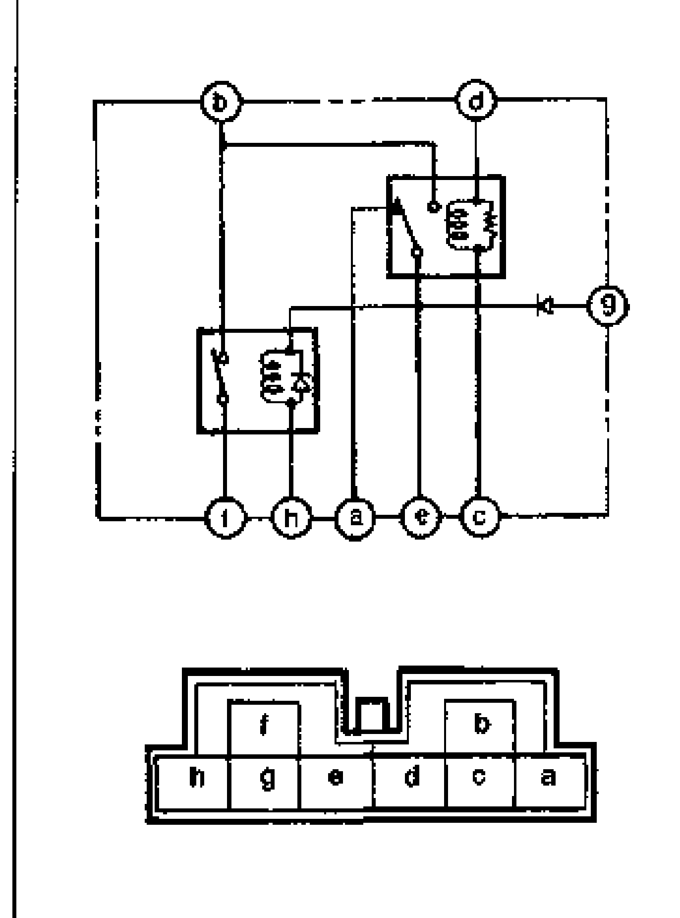 ABS relay internal schematic (motor relay) showing relay coils and contacts with terminals labeled b, d, 9, f, h, a, e, c. Below is the ABS relay connector terminal-position diagram with bottom row h g e d c a and top row f, b.