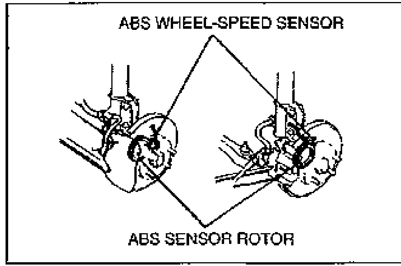 Illustration of the ABS WHEEL-SPEED SENSOR mounted at the wheel hub with the ABS SENSOR ROTOR. Two views of the sensor/rotor installation.