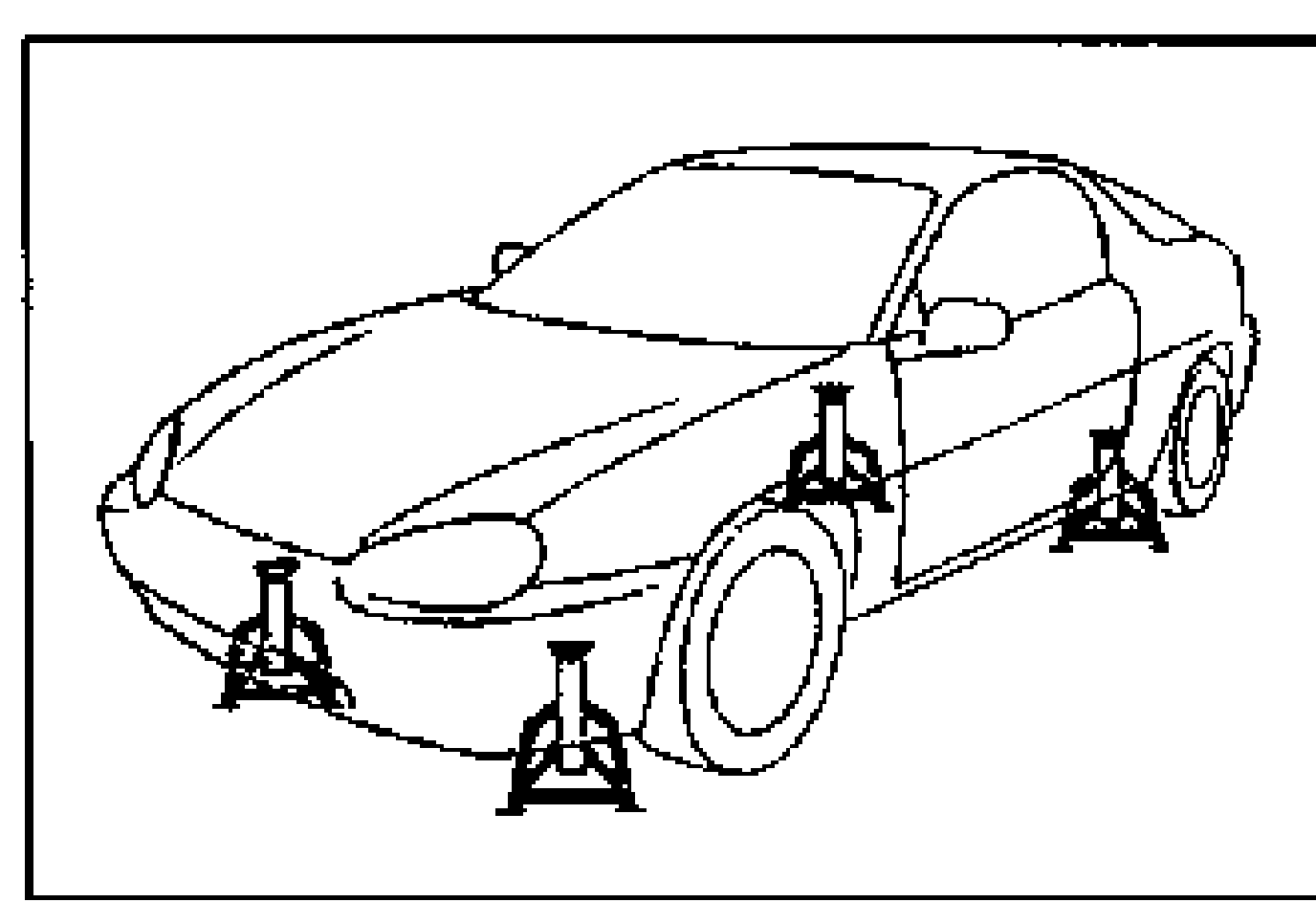 Illustration of the MX-3 jacked up and supported evenly on four safety stands on level ground.