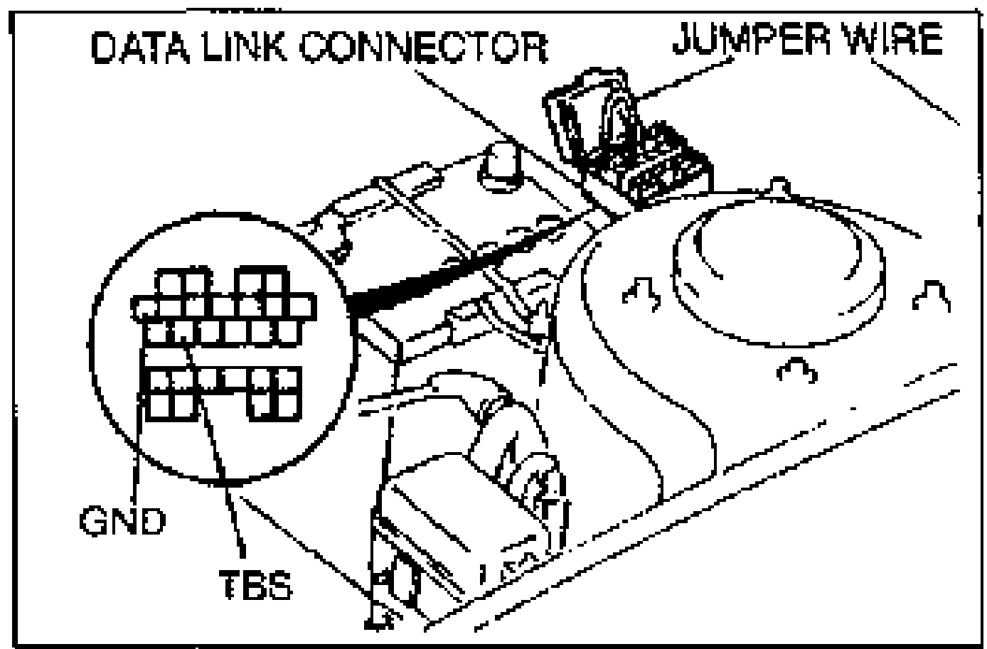 Illustration of the DATA LINK CONNECTOR with a JUMPER WIRE installed between the TBS and GND terminals. Magnified inset shows the connector terminal layout with GND and TBS terminals identified.