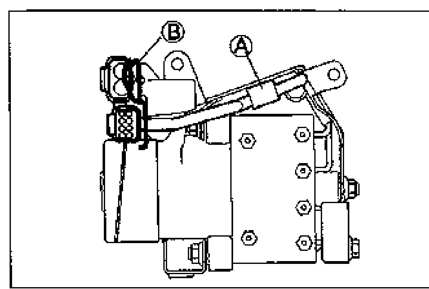Illustration of the ABS hydraulic unit showing the harness clamping. Callout A marks the harness clamp point and callout B marks the band installation point on the bracket.