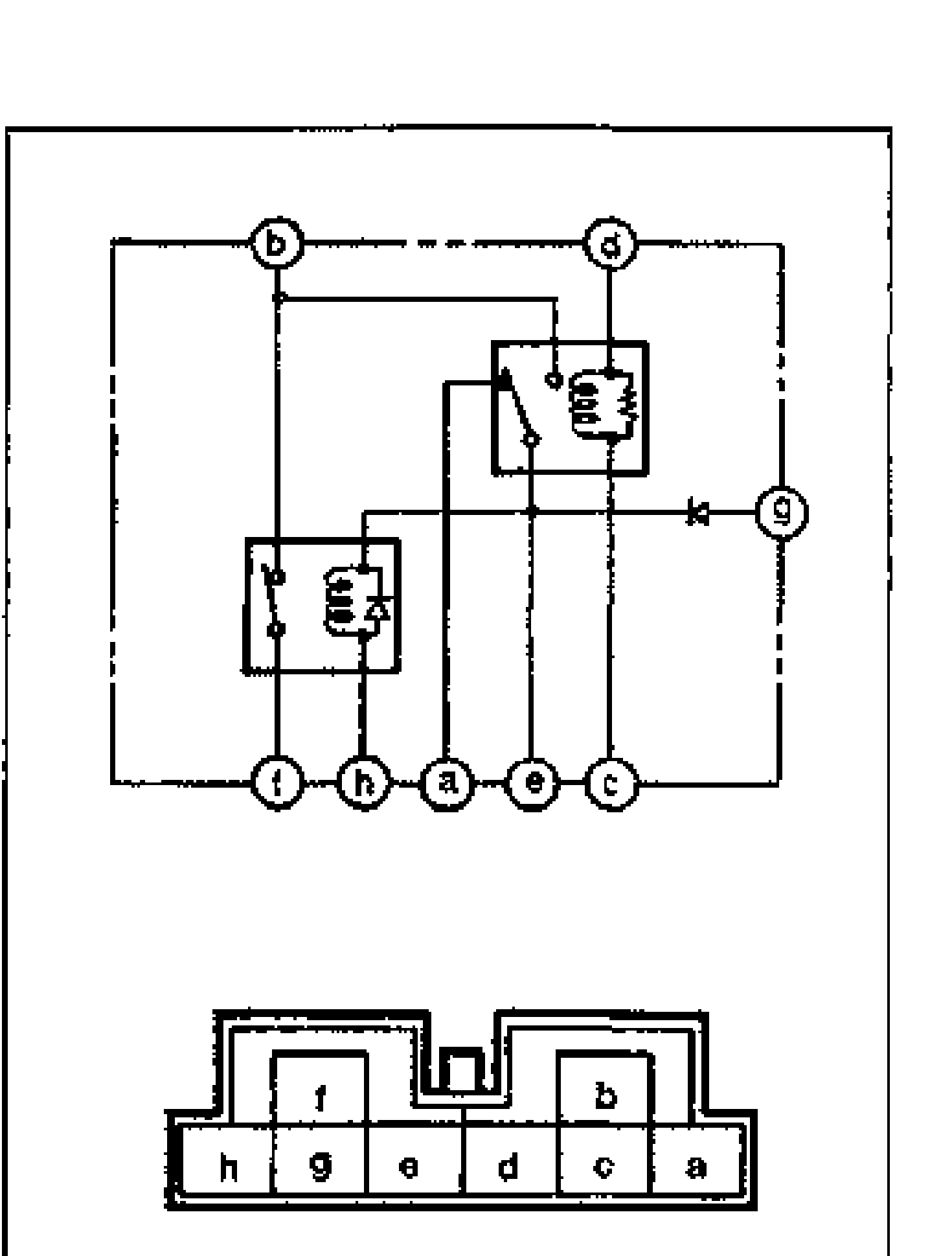 ABS relay internal schematic showing fail-safe relay and motor relay coils and contacts with terminals labeled b, d, 9, f, h, a, e, c. Below is the ABS relay connector terminal-position diagram with bottom row h g e d c a and top row f, b.