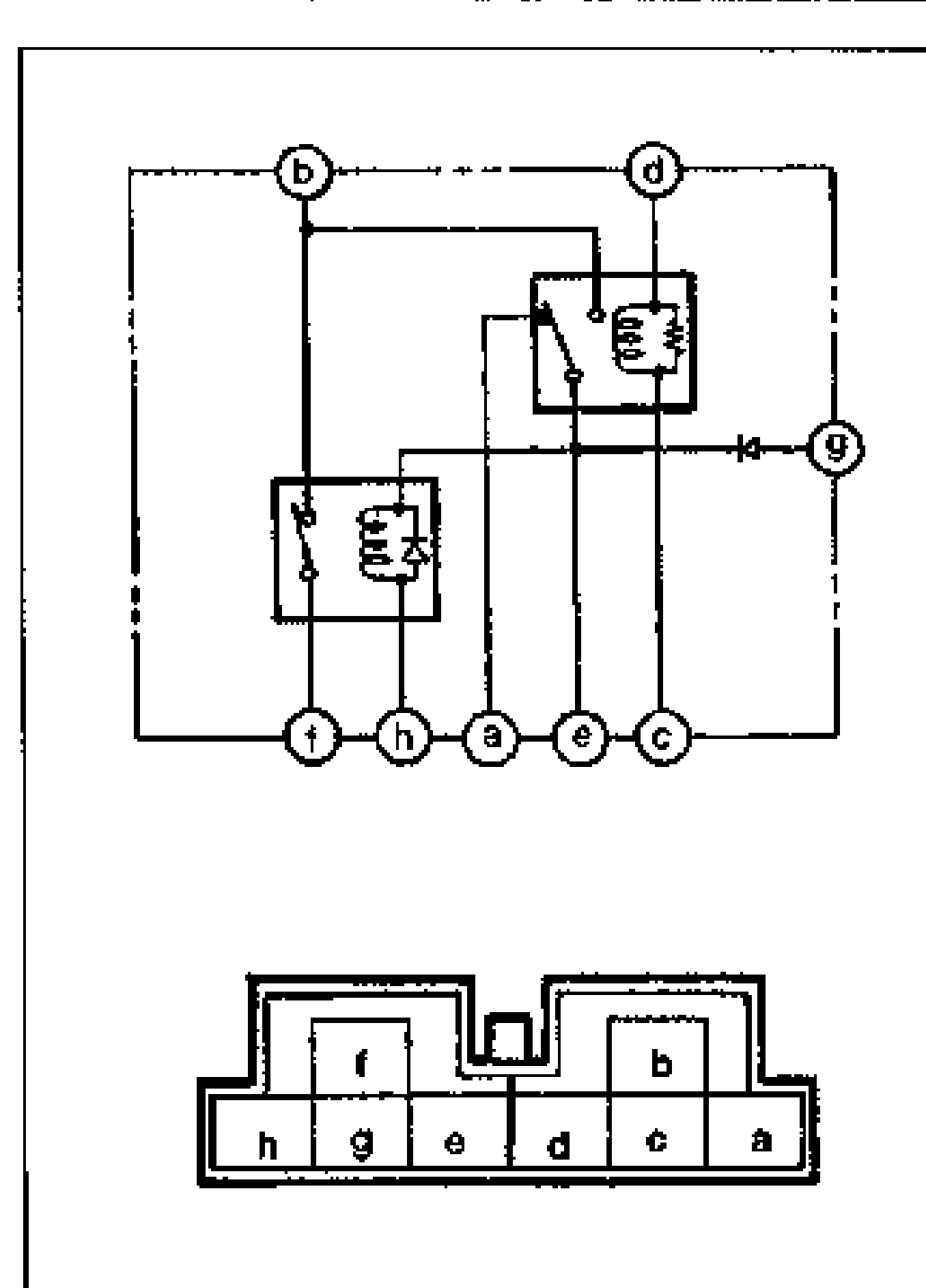 ABS relay (motor relay) internal schematic with two relay coils and contacts, terminals labeled b, d, g, f, h, a, e, c around the relay. Below is the connector terminal layout (top row f, b; bottom row h, g, e, d, c, a) for the ABS relay connector.