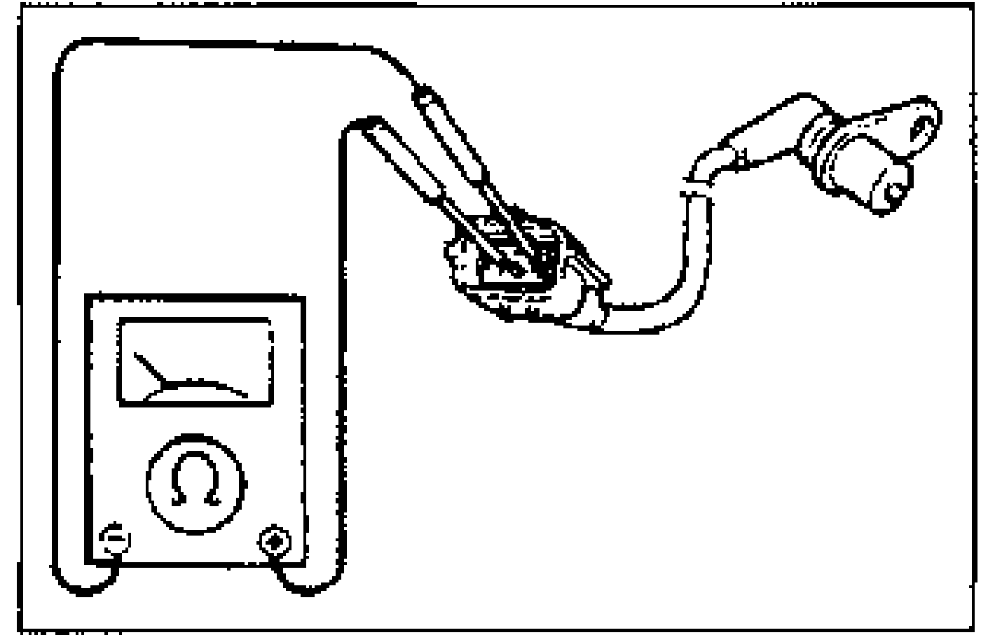 Illustration of an ohmmeter/multimeter connected to the rear ABS wheel-speed sensor connector to measure resistance across the sensor terminals.