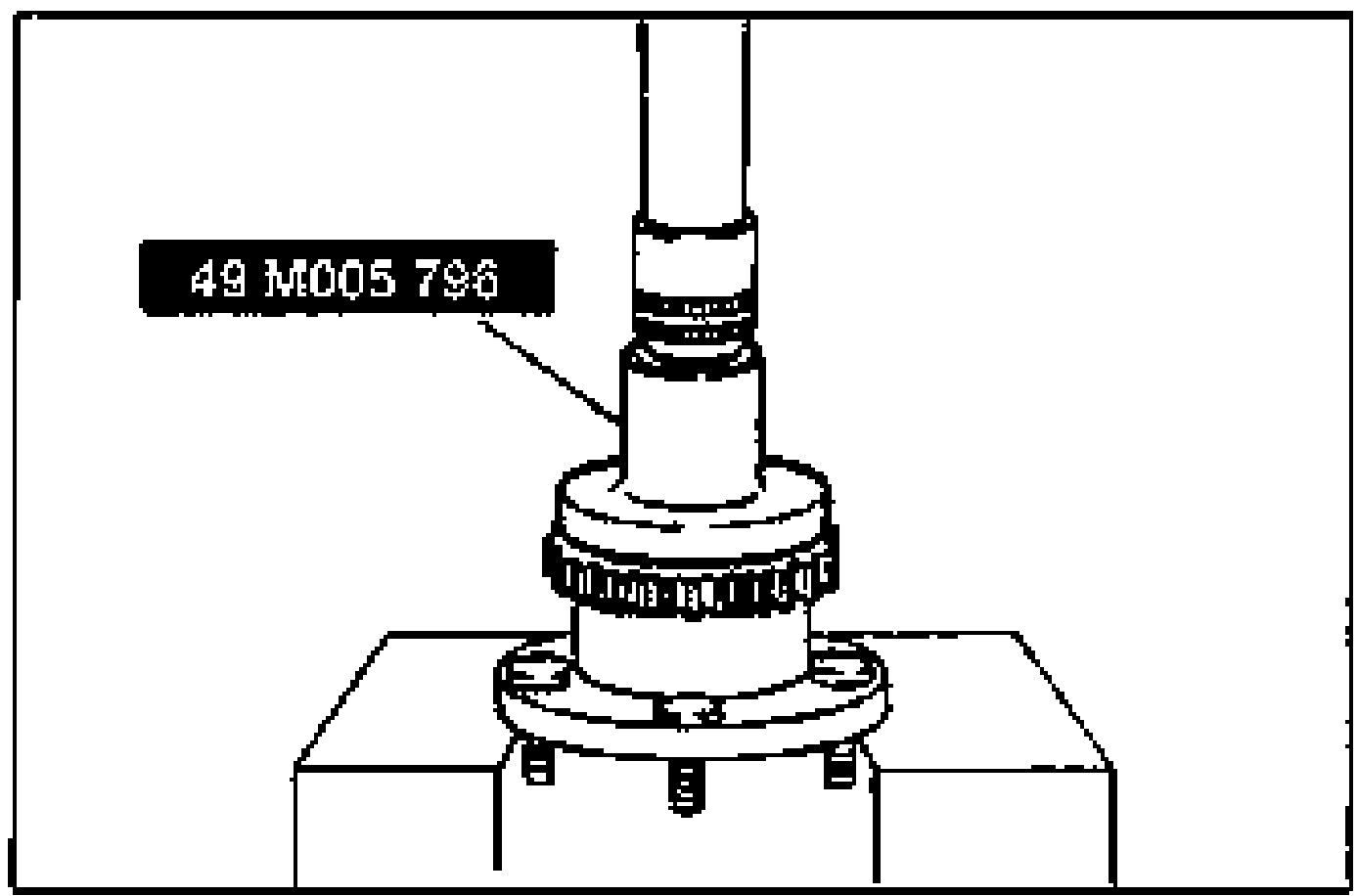 Installation Note illustration: pressing a new rear ABS sensor rotor onto the wheel hub using the SST 49 M005 796 with the hub clamped/supported below.