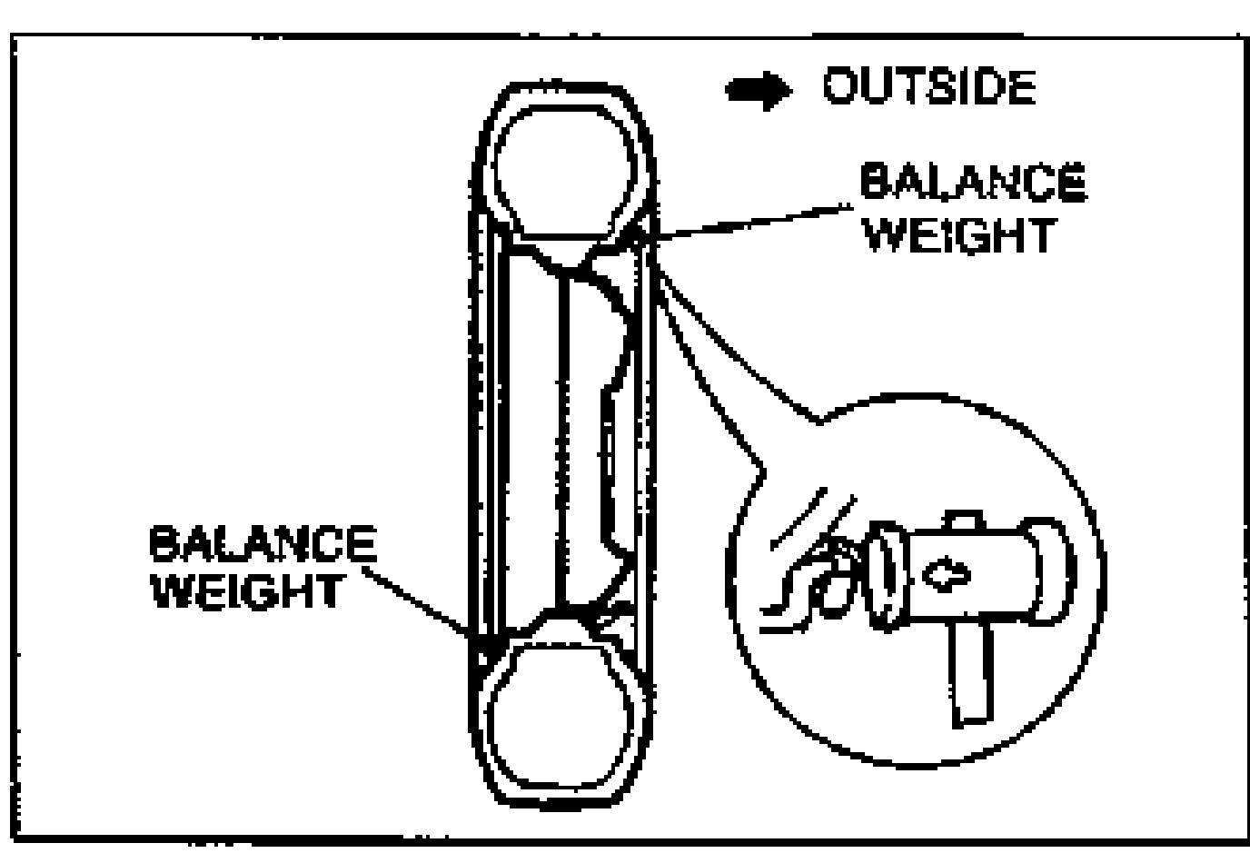 Cross-section illustration of a tire mounted on a rim showing balance weights clipped on the inner and outer rim flanges, with an arrow indicating OUTSIDE and a detail callout of a balance weight clipped to the rim. Labeled BALANCE WEIGHT (inner) and BALANCE WEIGHT (outer).