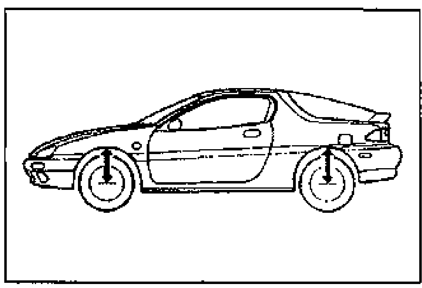 Side-view line drawing of the MX-3 with vertical arrows at the front and rear wheels indicating the measurement of vehicle height (center of wheel to fender brim) on the left and right sides.