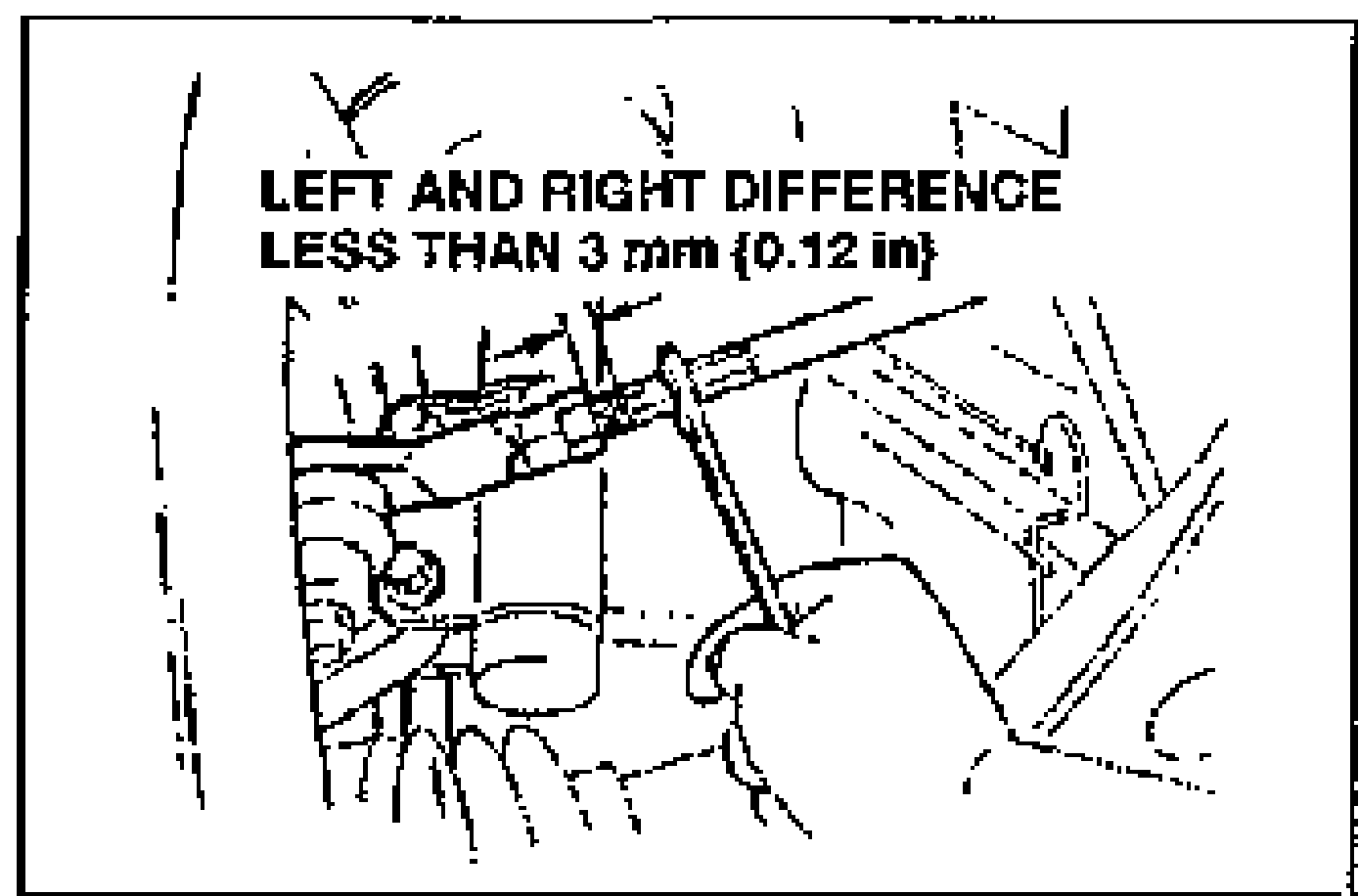 Illustration of the front steering/tie-rod area with a tool turning the tie rods; labeled LEFT AND RIGHT DIFFERENCE LESS THAN 3 mm {0.12 in}, illustrating the maximum steering angle adjustment.