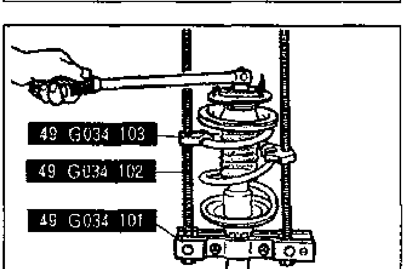 Illustration of compressing the coil spring with SST 49 G034 1A0: a hand turns a ratchet on the compressor body. SST part numbers labelled: 49 G034 103, 49 G034 102, 49 G034 101.