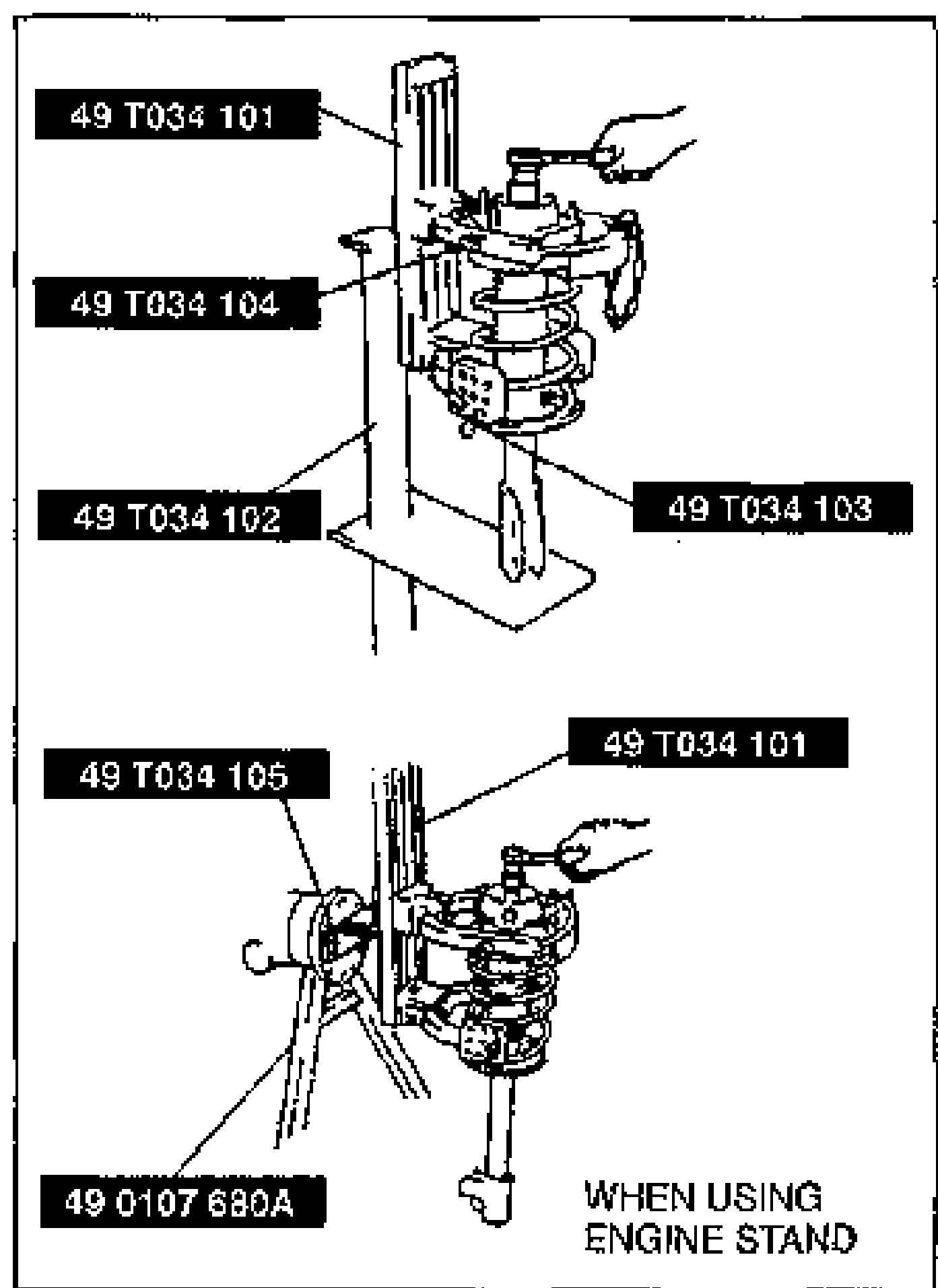 Two stacked illustrations of compressing the coil spring with SST 49 T034 1A0 mounted on an engine stand. SST part numbers labelled: 49 T034 101, 49 T034 104, 49 T034 102, 49 T034 103, 49 T034 105 and 49 0107 680A engine stand (caption WHEN USING ENGINE STAND).