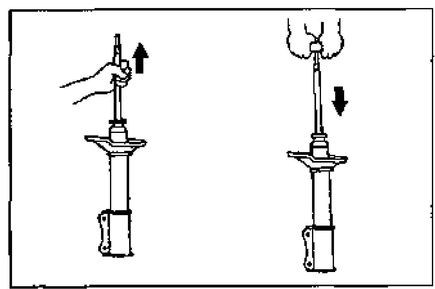 Two illustrations of the shock absorber held vertically with a handle on the piston rod, arrows showing the piston compressed and expanded to check operational force.