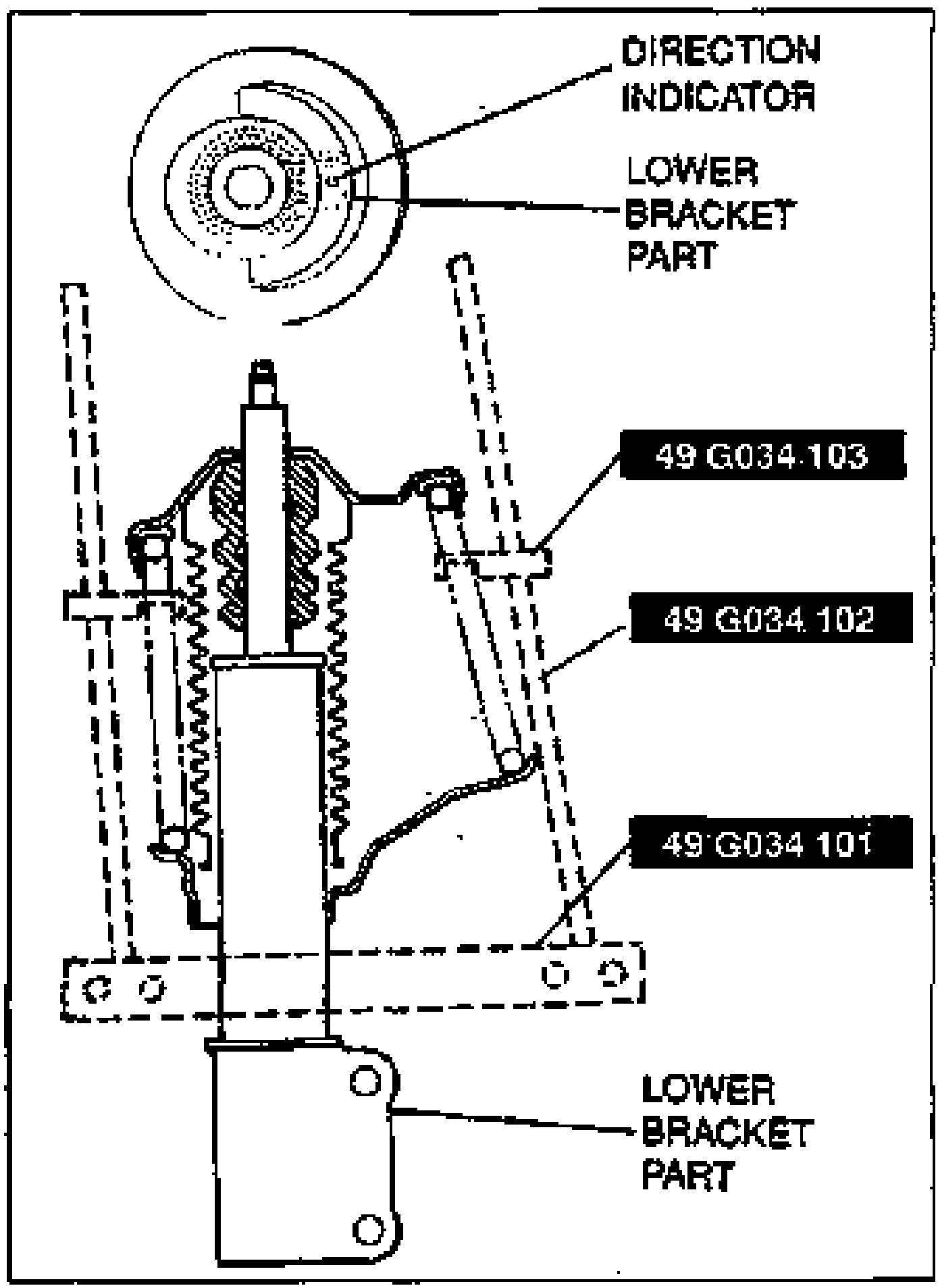 Mounting block top view (showing DIRECTION INDICATOR and LOWER BRACKET PART) above an assembly illustration of the shock absorber in SST 49 G034 1A0 with parts 49 G034 103, 49 G034 102, 49 G034 101 and LOWER BRACKET PART labelled. Shows orientation of the direction indicator.