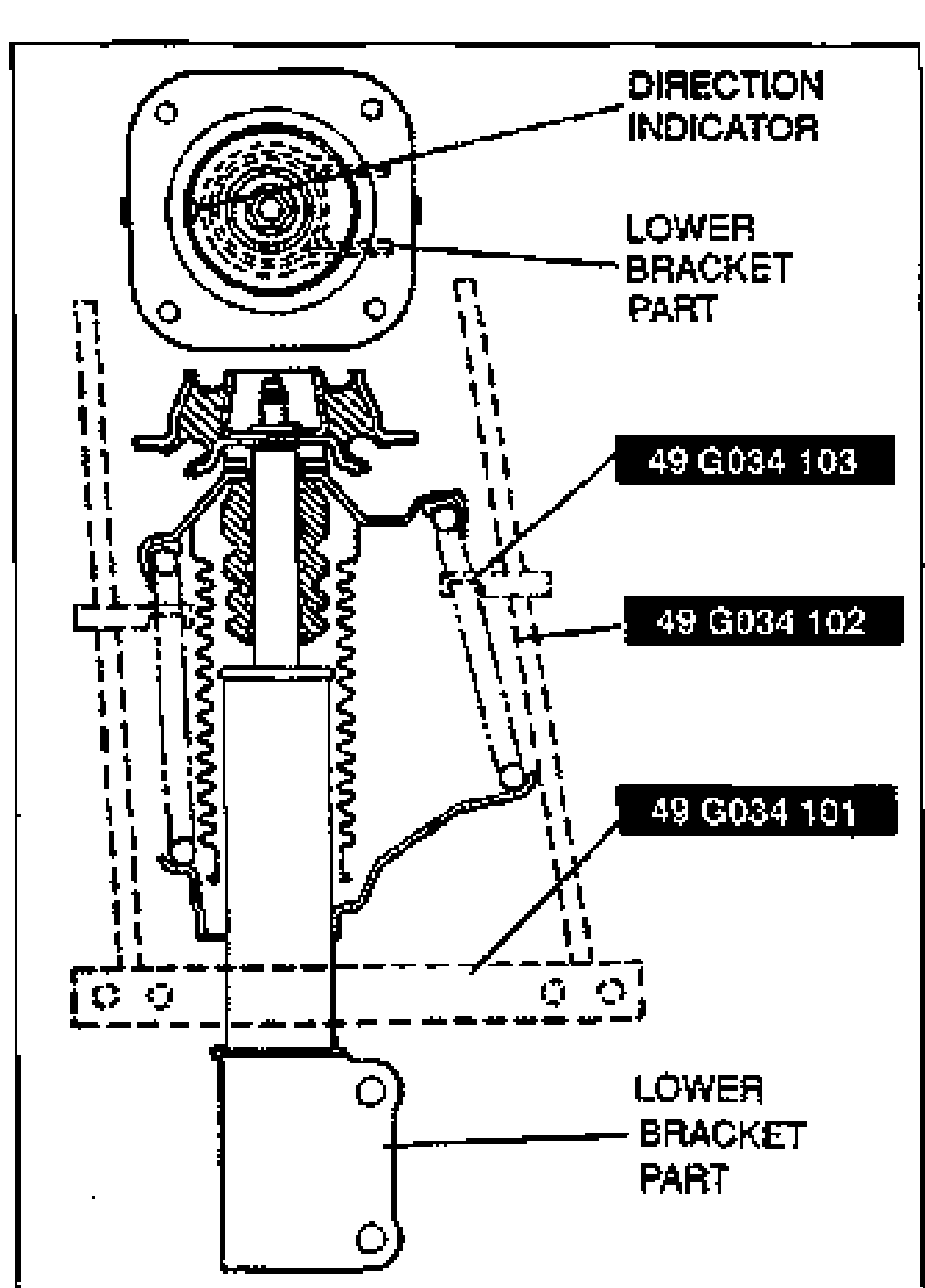 Assembly illustration of the shock absorber compressed in SST 49 G034 1A0 with the mounting block on top. The mounting block DIRECTION INDICATOR and LOWER BRACKET PART orientation are labelled. SST parts labelled 49 G034 103, 49 G034 102, 49 G034 101. Bottom callout LOWER BRACKET PART.
