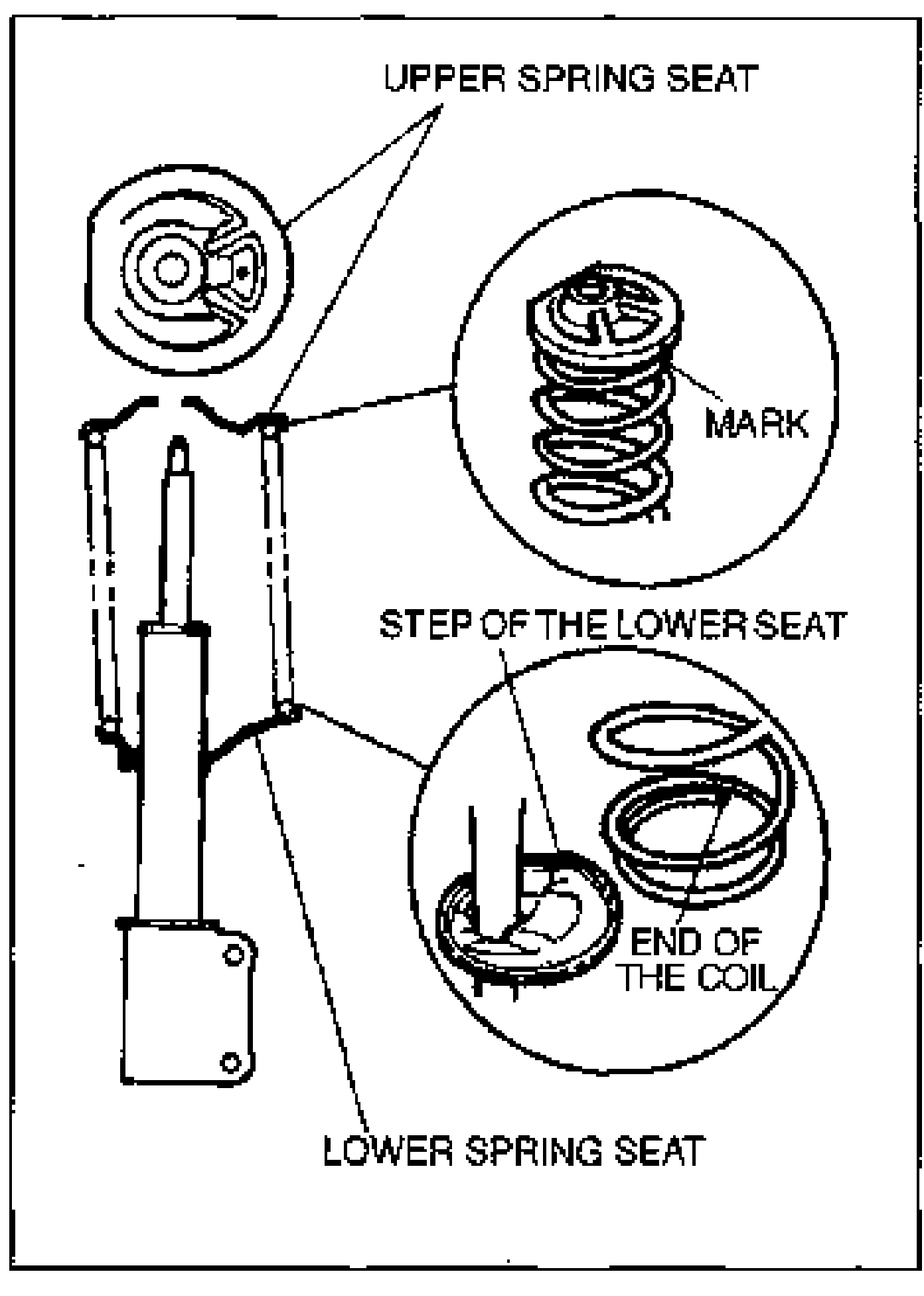 Illustration for SST 49 T034 1A0 assembly: the shock absorber with UPPER SPRING SEAT and LOWER SPRING SEAT labelled, plus magnified detail circles showing the MARK on the upper spring seat/coil spring, the STEP OF THE LOWER SEAT, and the END OF THE COIL.
