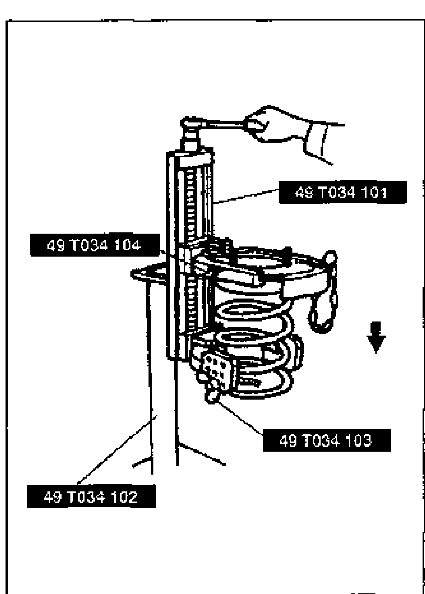 Illustration of compressing the coil spring with SST 49 T034 1A0 mounted vertically, a hand turning the compressor screw, and a downward arrow. SST parts labelled 49 T034 101, 49 T034 104, 49 T034 103, 49 T034 102.