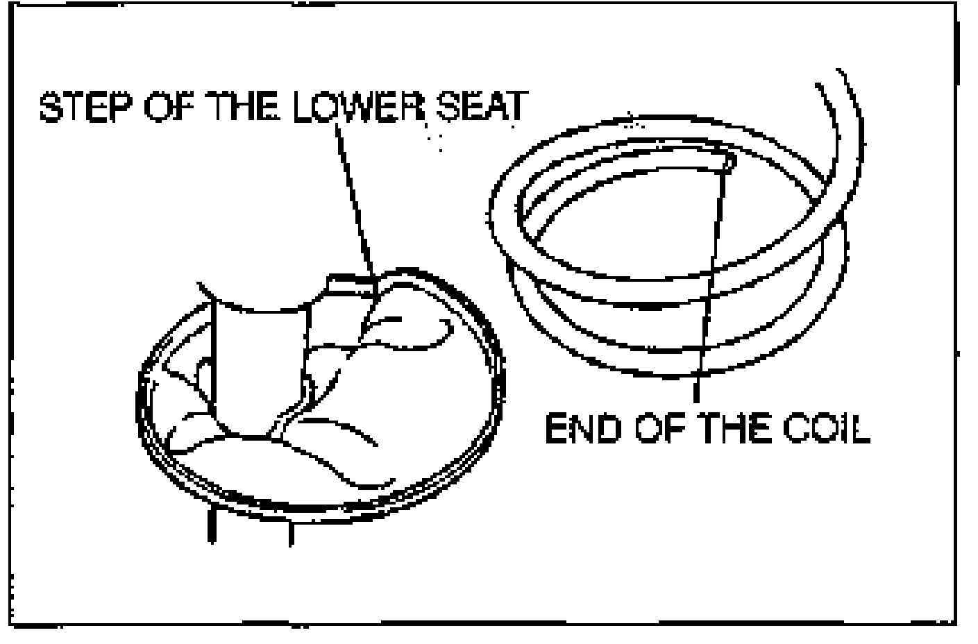 Detail of the lower spring seat showing the STEP OF THE LOWER SEAT and the END OF THE COIL fitting into it.
