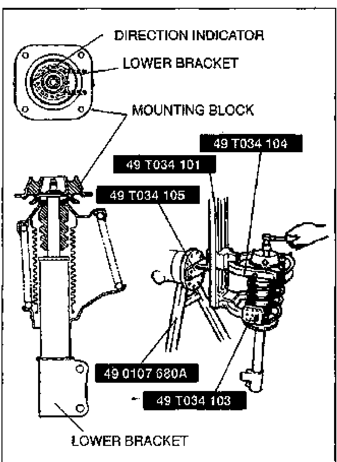 Mounting block top view (DIRECTION INDICATOR, LOWER BRACKET, MOUNTING BLOCK labelled) above the assembly illustration of the shock absorber in SST 49 T034 1A0 on engine stand 49 0107 680A, with parts 49 T034 104, 49 T034 101, 49 T034 105, 49 T034 103 labelled. Shows mounting-block direction-indicator orientation.