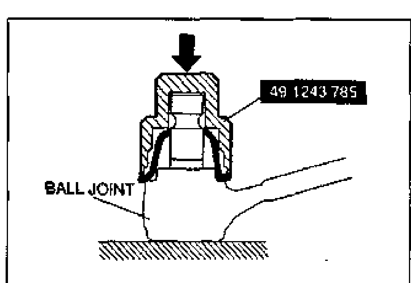 Cross-section of lower arm bushing removal using SST 49 B034 201 and a socket in a vise. Labels: LOWER ARM, SOCKET, BUSHING, VISE, with an arrow showing press direction.
